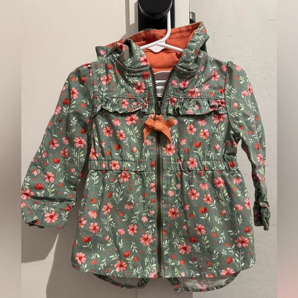 Little Lass girls' green floral cotton blend zip-up hooded utility jacket 2T - Picture 1 of 5
